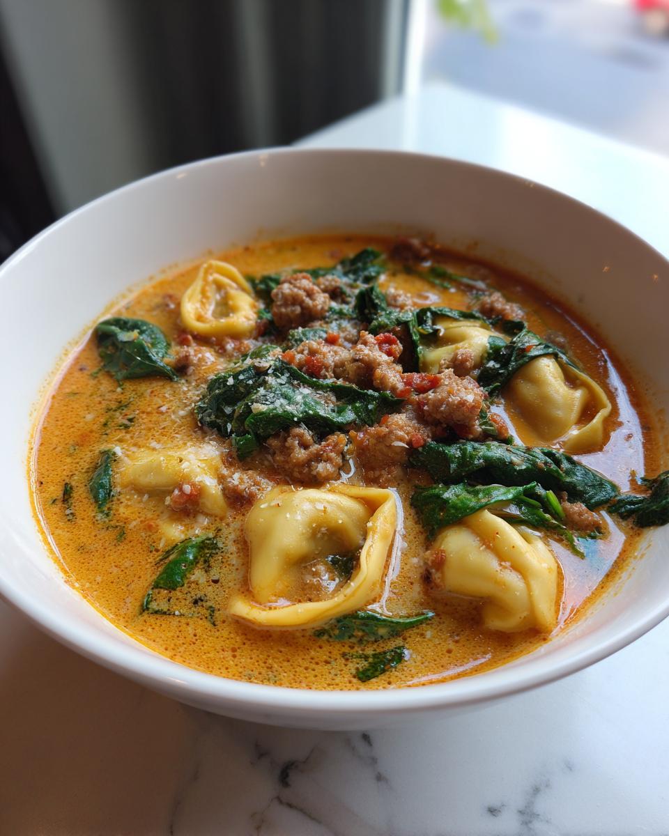 Close-up of a bowl of creamy sausage tortellini soup featuring pasta, crumbled sausage, wilted spinach, and grated cheese.