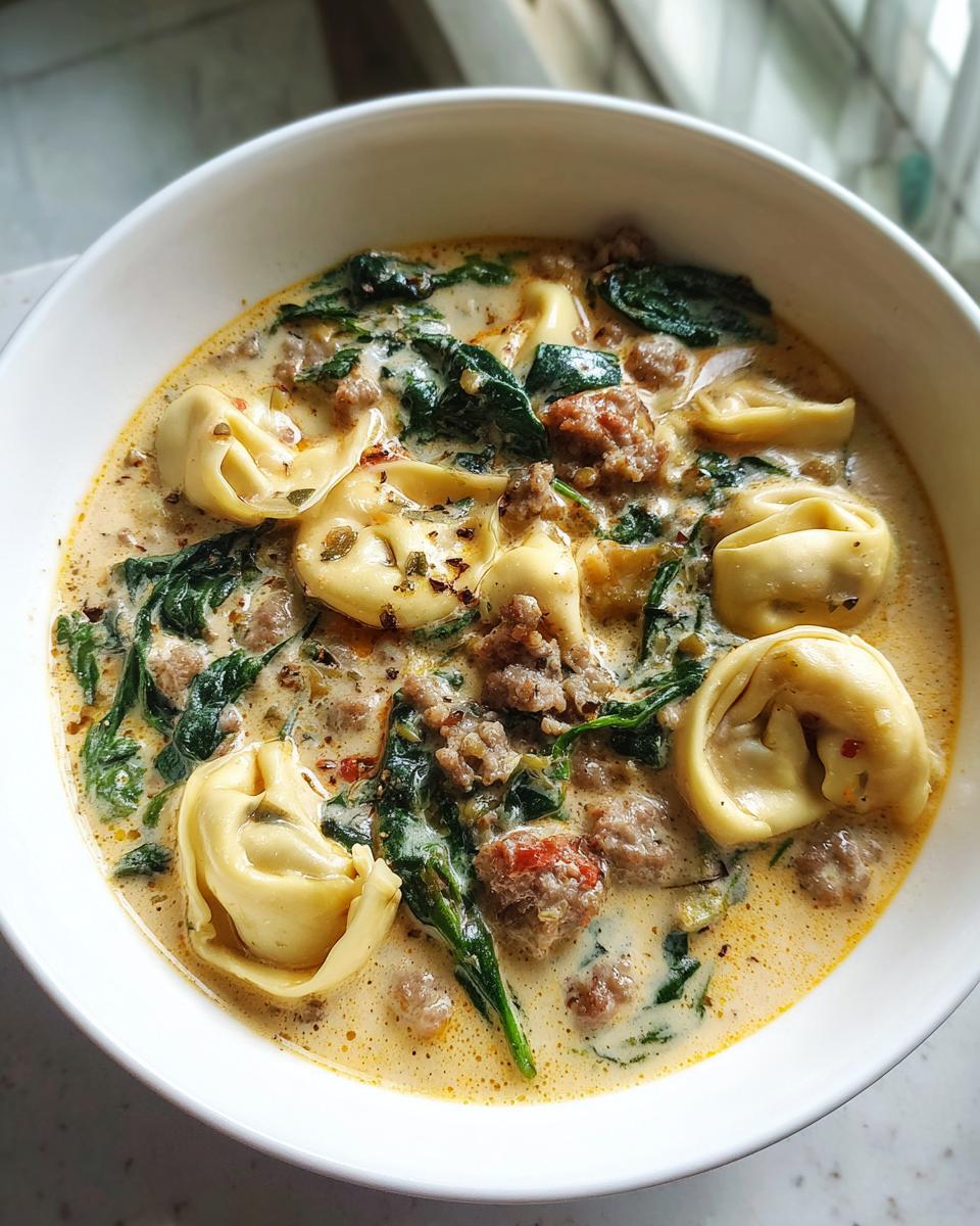 A close-up of a white bowl filled with creamy sausage tortellini soup, featuring tortellini, ground sausage, and wilted spinach.