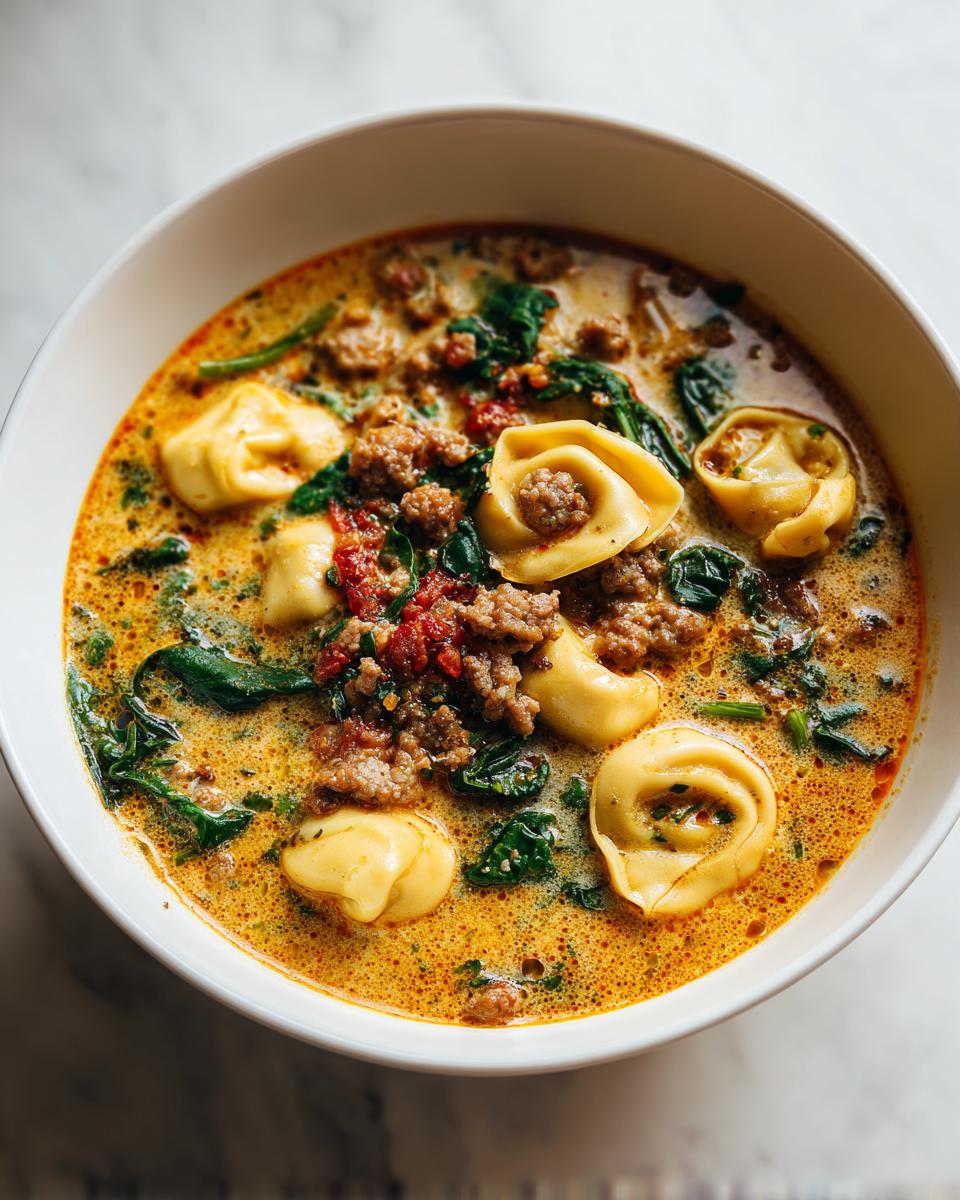 A close-up overhead shot of creamy sausage tortellini soup, featuring cheese tortellini, crumbled sausage, and wilted spinach in a rich broth.
