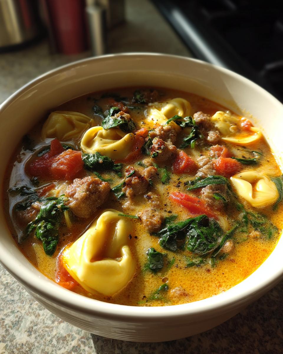 A close-up of a creamy, orange-hued bowl of sausage tortellini soup featuring cheese tortellini, crumbled sausage, spinach, and tomatoes.