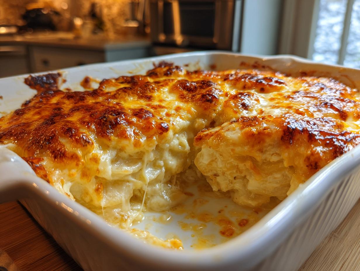 Close-up of creamy scalloped potatoes recipe baked in a white dish with a bubbly, golden-brown cheese crust.