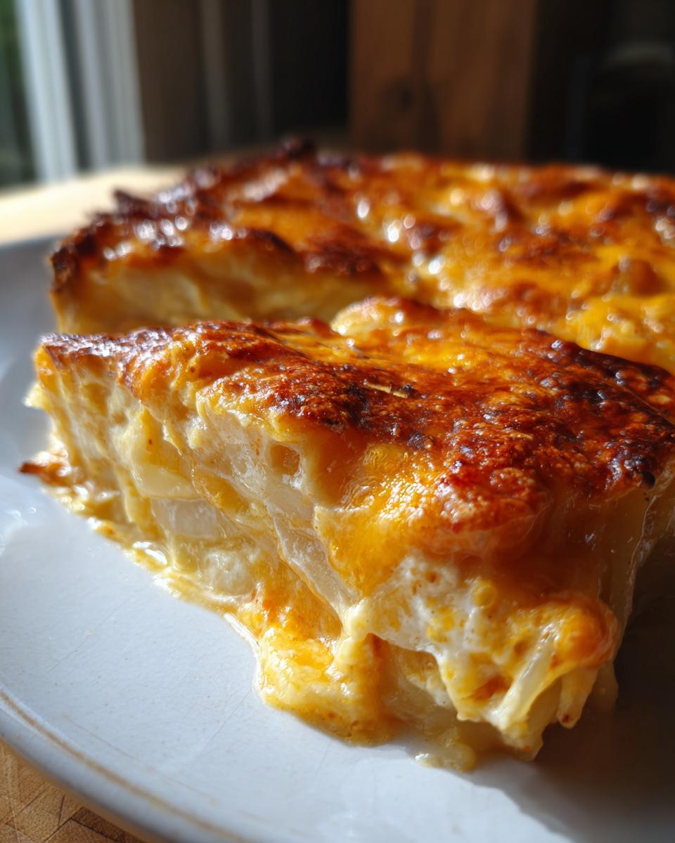 Close-up of a thick slice of creamy scalloped potatoes recipe with a golden-brown, cheesy crust.
