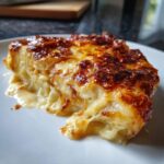 Close-up of a creamy slice of scalloped potatoes recipe with a golden-brown, bubbly cheese crust.