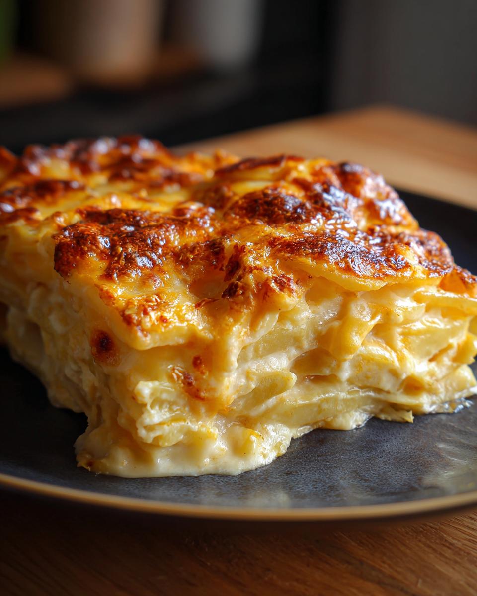 Close-up of a rich, creamy slice of scalloped potatoes recipe with a golden-brown, cheesy crust.