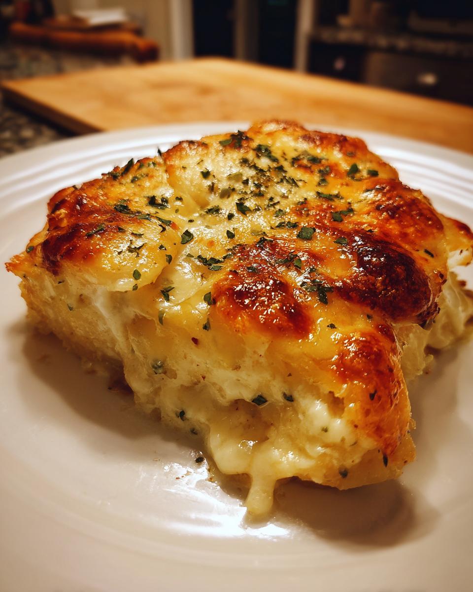 A close-up of a rich, cheesy slice of scalloped potatoes recipe with a golden-brown, bubbly top.