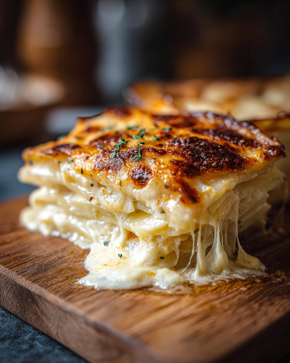 A decadent, cheesy slice of layered scalloped potatoes recipe with a golden-brown, bubbly top.