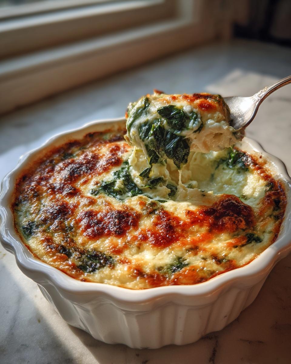 A fork lifts a cheesy, creamy scoop of hot spinach artichoke dip from a white ramekin.