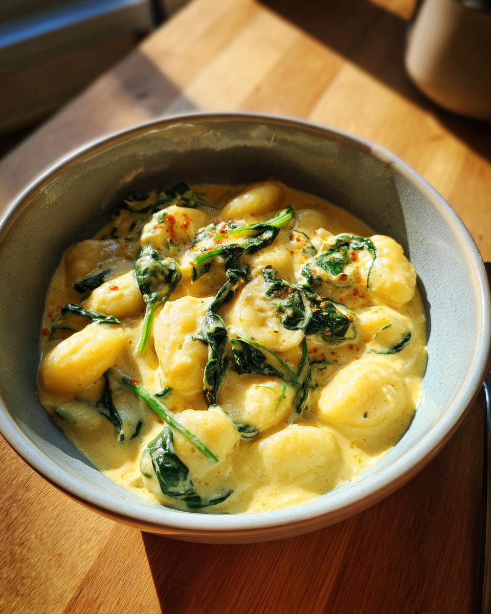 Close-up of a bowl of creamy gnocchi soup featuring soft potato dumplings and wilted spinach, sprinkled with red pepper flakes.