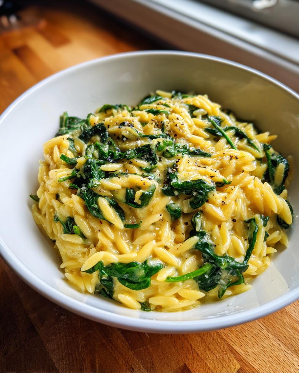 Close-up of creamy orzo pasta mixed with wilted spinach, topped with cracked black pepper.