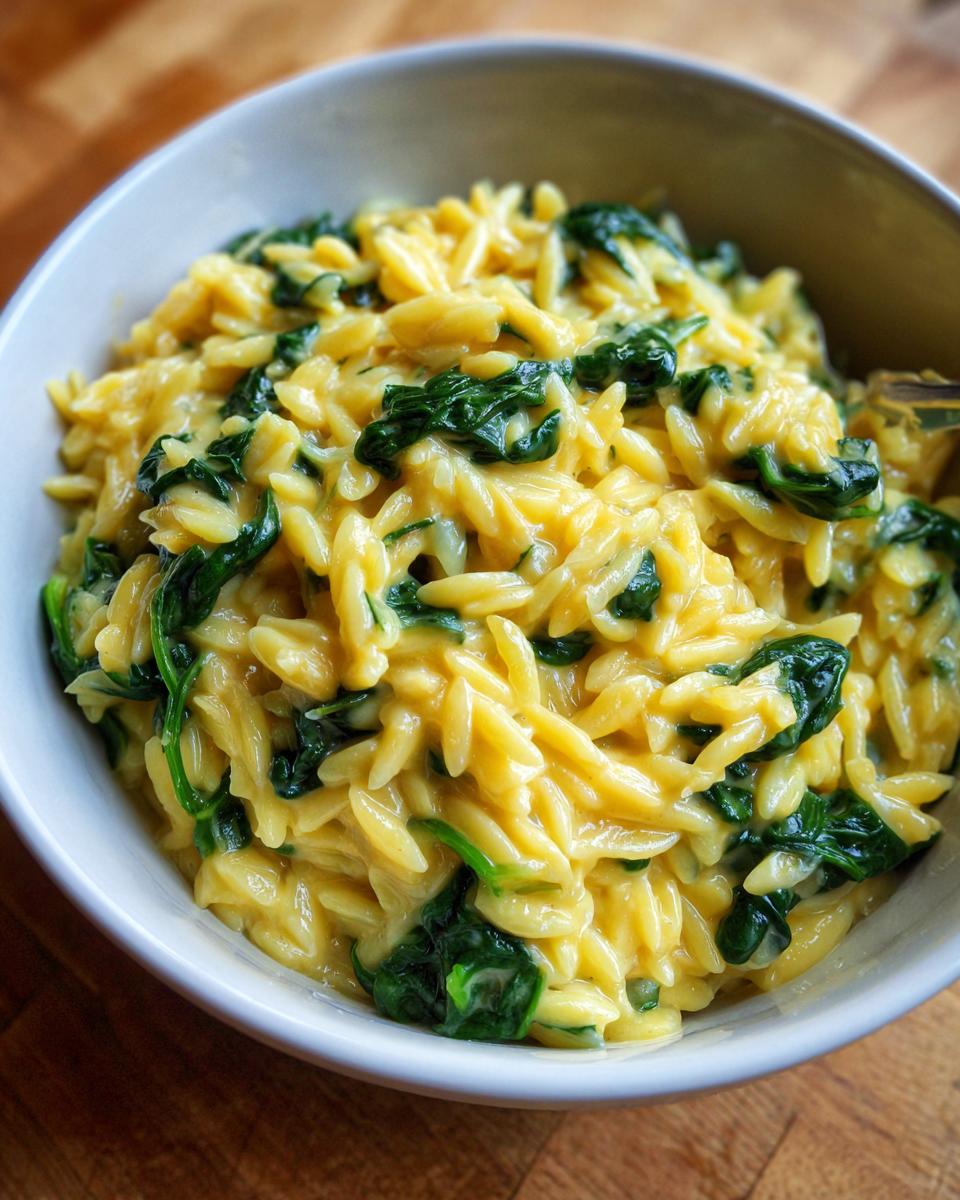 Close-up of creamy, cheesy orzo pasta mixed with wilted spinach served in a light-colored bowl.