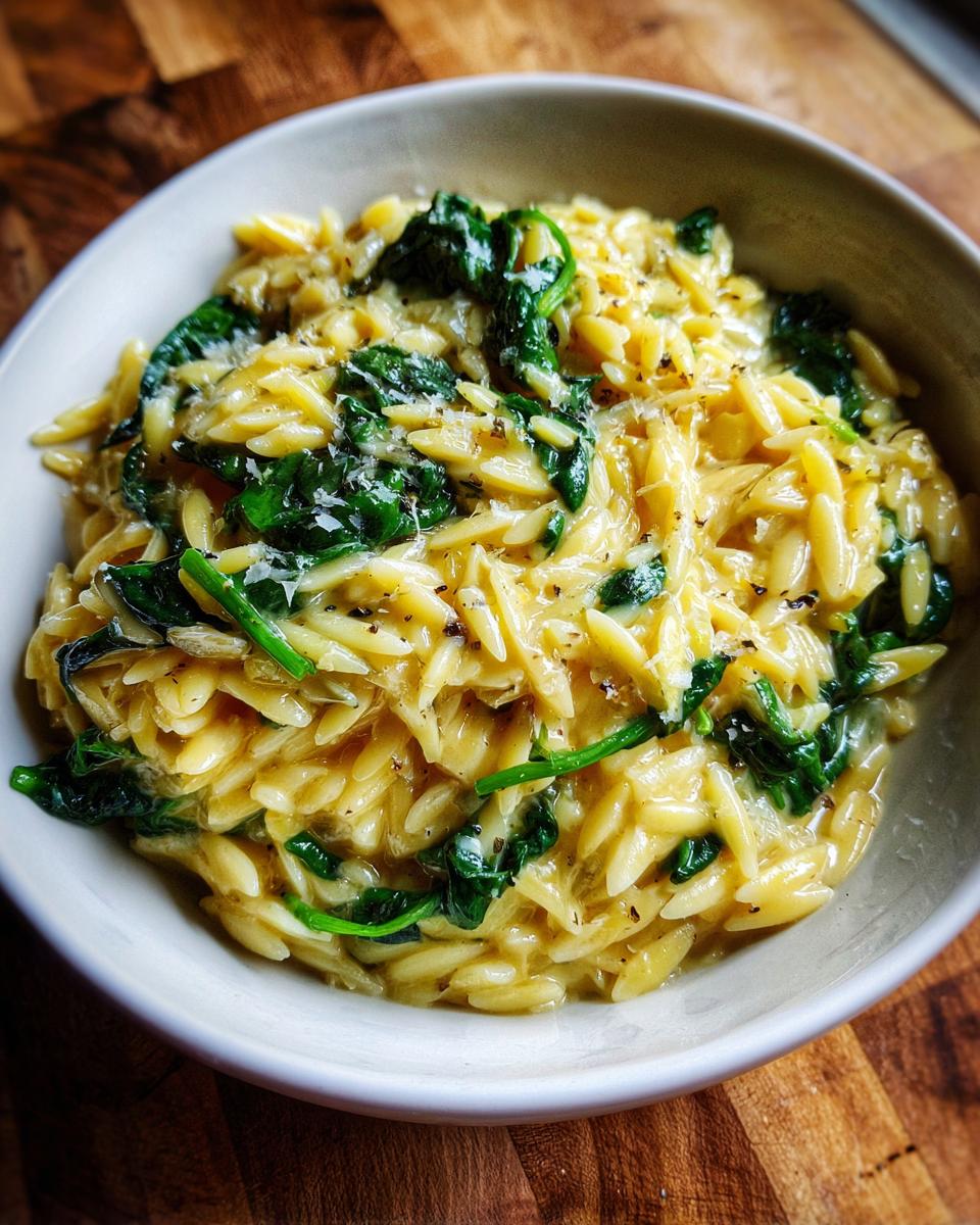 Close-up of creamy orzo pasta mixed with wilted spinach and topped with grated cheese and pepper.