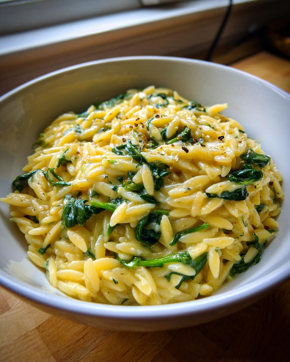 A close-up of creamy orzo pasta mixed with wilted spinach, served in a white bowl.
