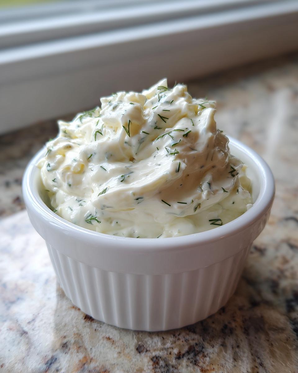 Close-up of creamy homemade tartar sauce recipe garnished with fresh dill in a small white ramekin.