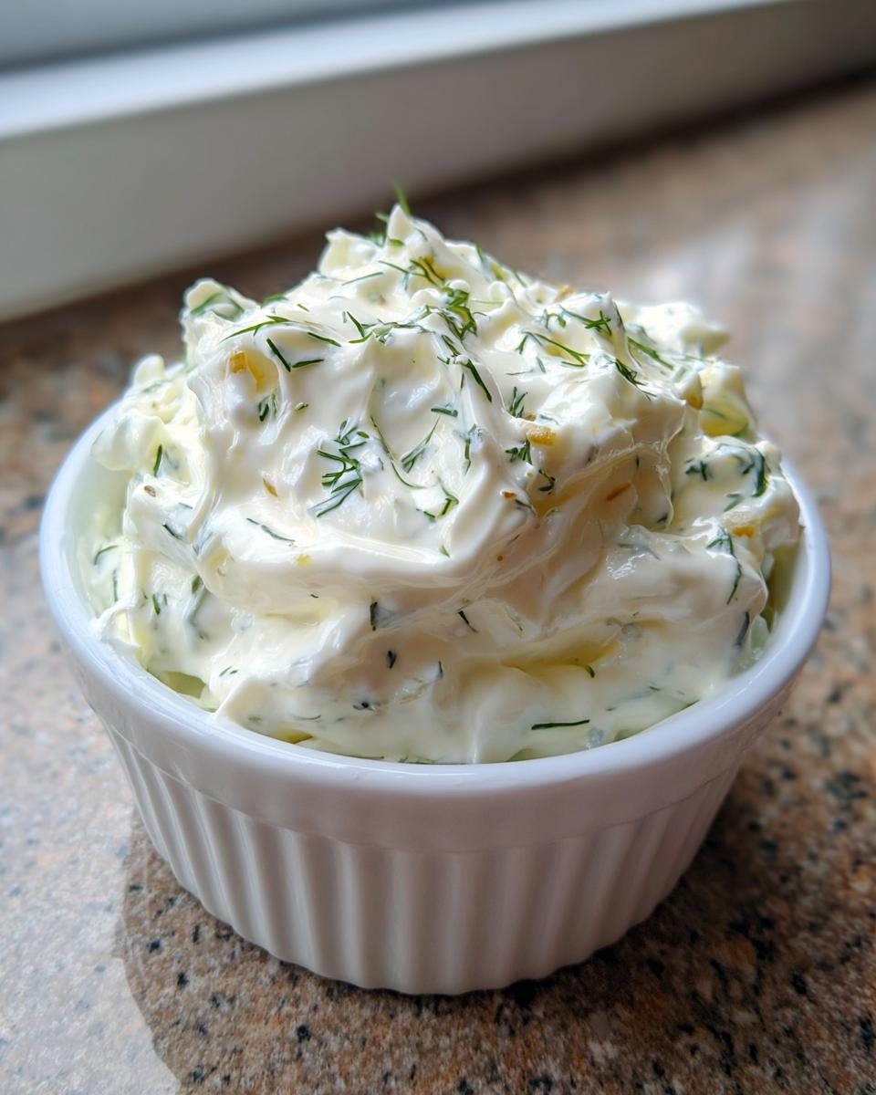 A close-up of creamy homemade tartar sauce recipe, topped with fresh dill, served in a small white ramekin.