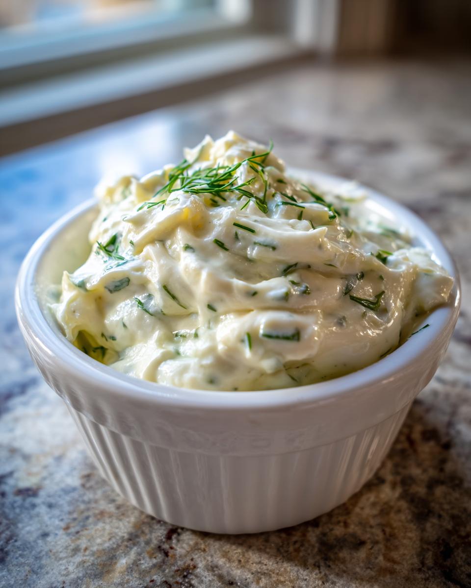 Close-up of creamy homemade tartar sauce recipe garnished with fresh dill in a small white bowl.