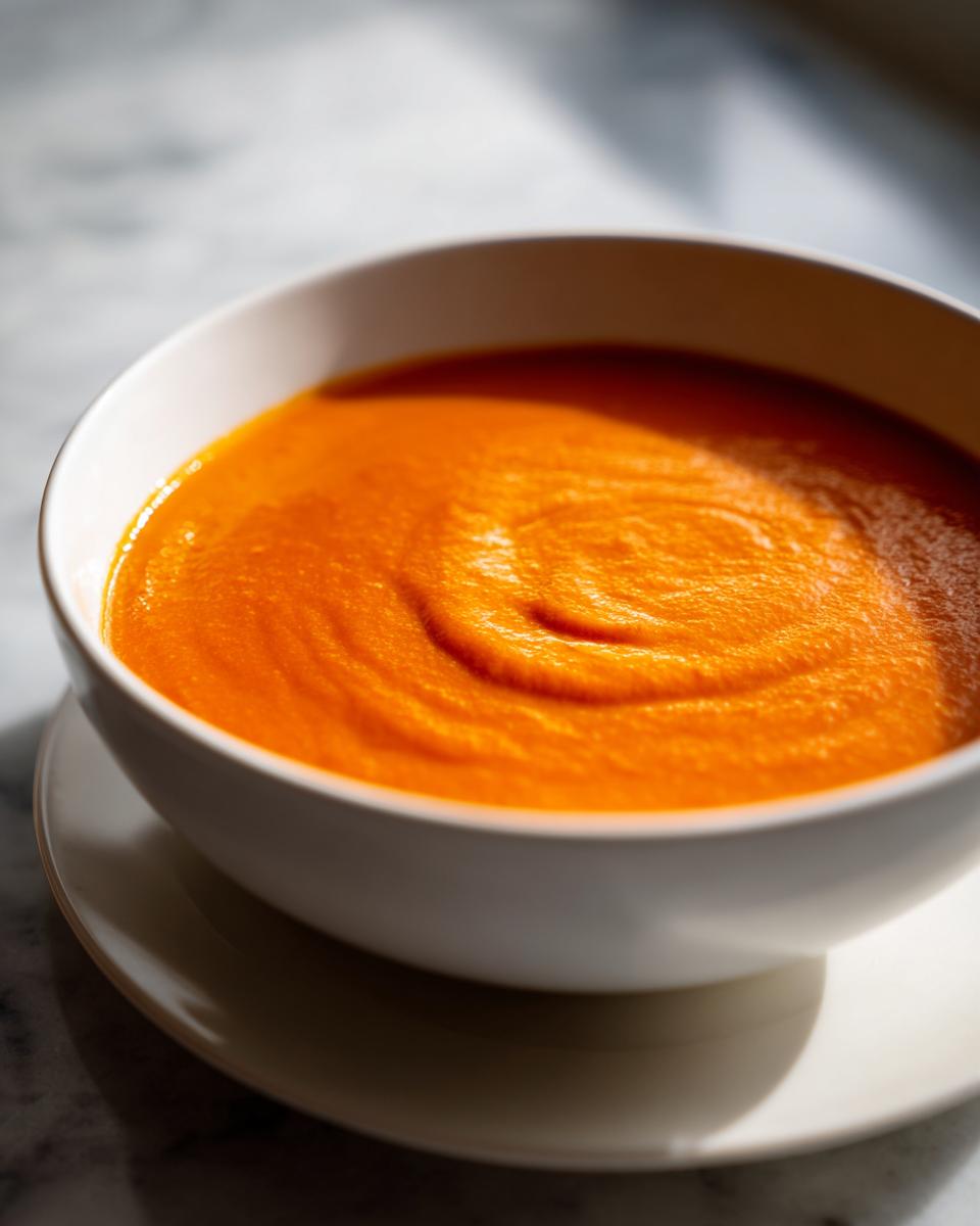 Close-up of a white bowl filled with vibrant, creamy tomato bisque, showing swirl marks on the surface.