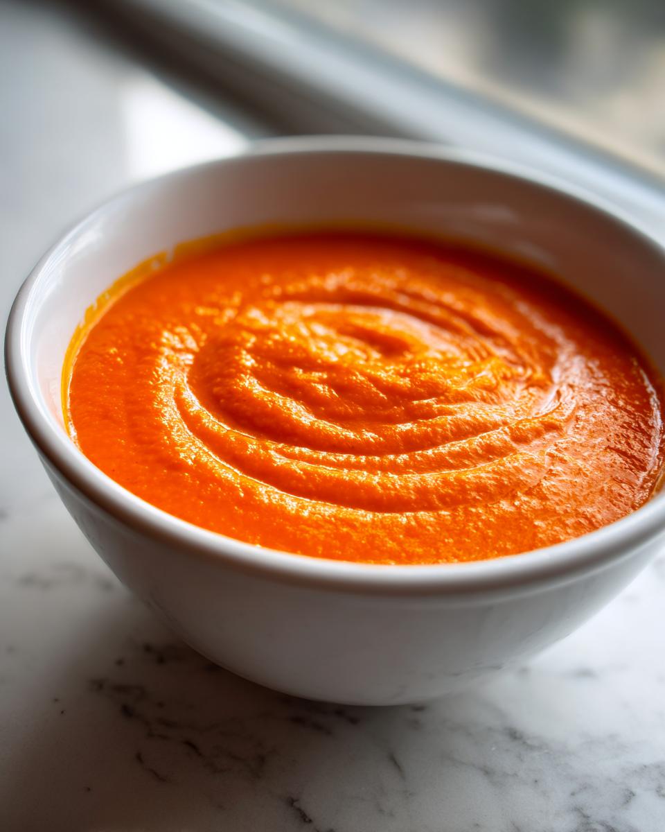 A close-up shot of rich, creamy orange tomato bisque swirled in a white bowl, set on a marble surface.