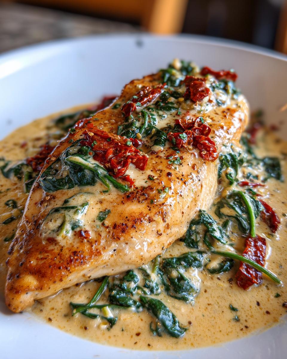 Close-up of a seared chicken breast smothered in creamy Tuscan sauce with spinach and sun-dried tomatoes.
