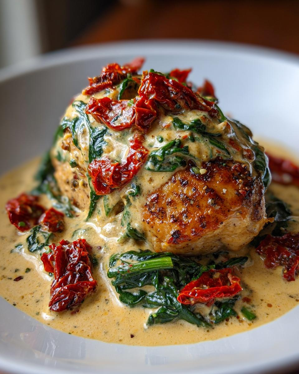 Close-up of a seared chicken breast smothered in creamy sauce, spinach, and sun-dried tomatoes, a perfect creamy Tuscan chicken.