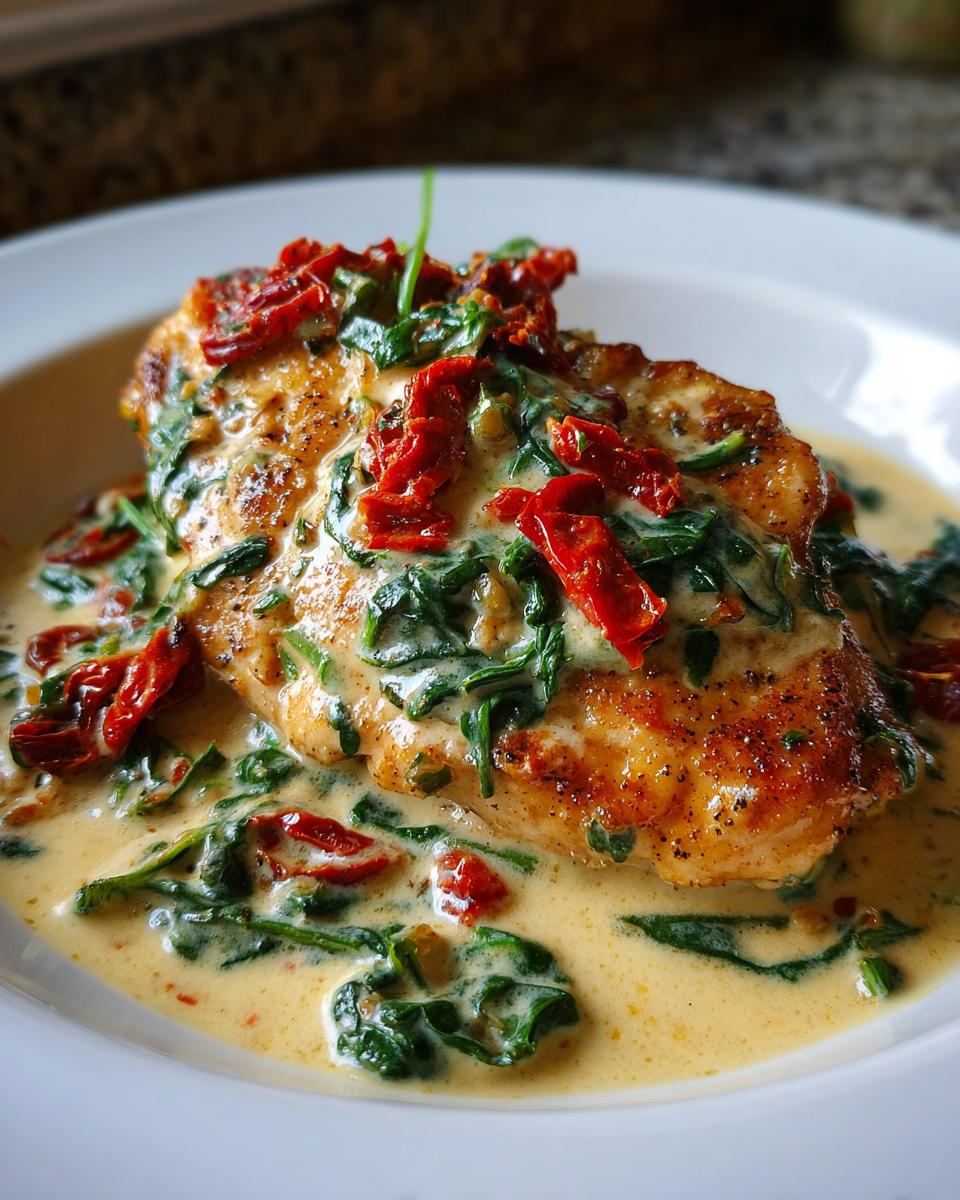 Close-up of a pan-seared chicken breast smothered in creamy Tuscan sauce with spinach and sun-dried tomatoes.