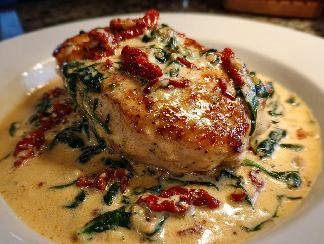 A close-up of a perfectly seared chicken breast smothered in a rich, creamy Tuscan sauce with spinach and sun-dried tomatoes.