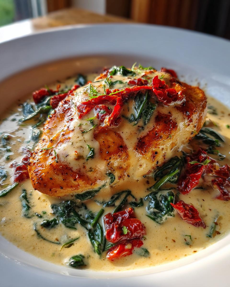 A golden-brown seared chicken breast smothered in creamy Tuscan sauce with spinach and sun-dried tomatoes.