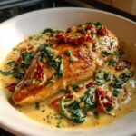 A golden-brown chicken breast smothered in a rich, creamy sauce with spinach and sun-dried tomatoes, known as creamy tuscan chicken.