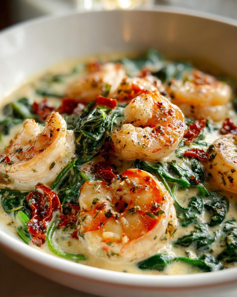 Close-up of succulent, seasoned shrimp served in a creamy sauce with wilted spinach and sun-dried tomatoes, highlighting the Tuscan shrimp recipe.