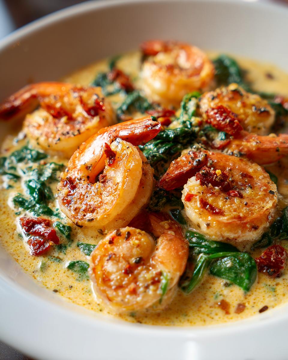 Close-up of perfectly cooked Tuscan shrimp served in a creamy sauce with wilted spinach and sun-dried tomatoes.