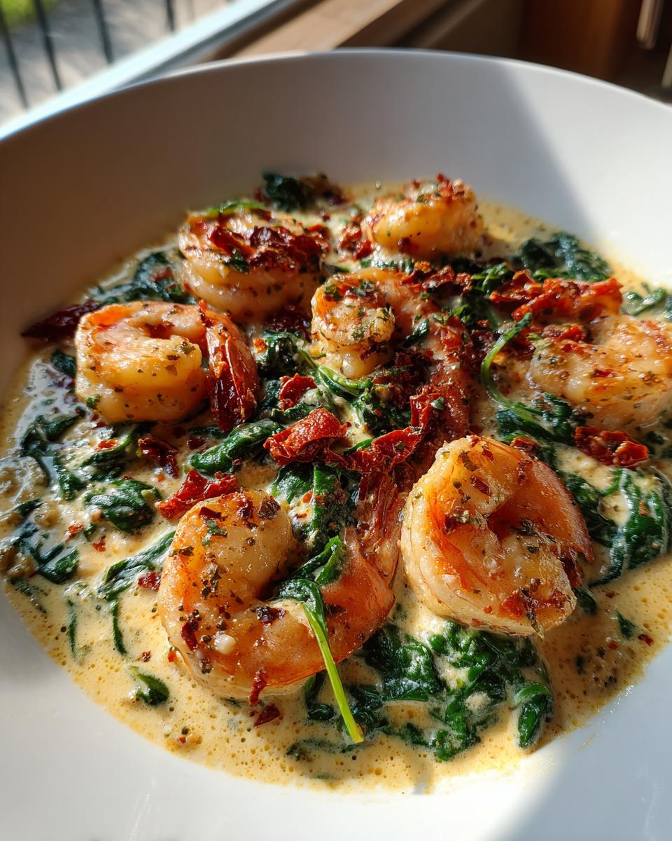 A close-up of creamy Tuscan shrimp served in a white bowl with wilted spinach and sun-dried tomatoes.
