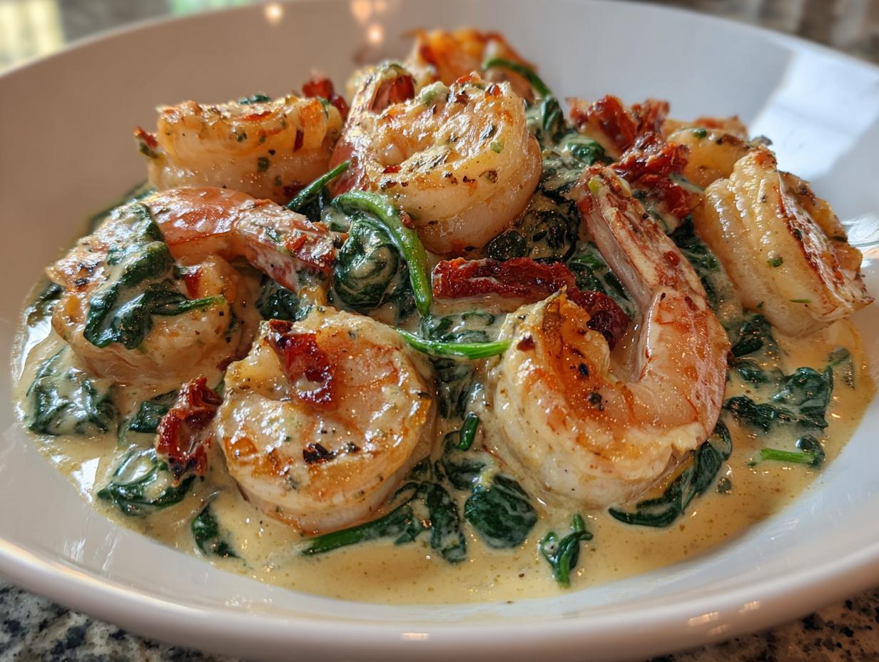 Plump, seared shrimp served in a creamy sauce with wilted spinach and sun-dried tomatoes: Amazing Tuscan shrimp delight.