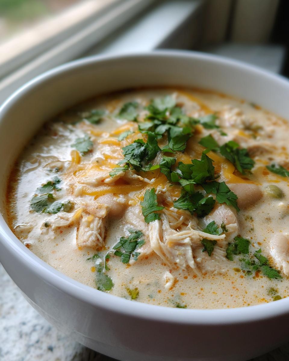 Close-up of a creamy white chicken chili recipe, topped with shredded cheese and fresh cilantro.