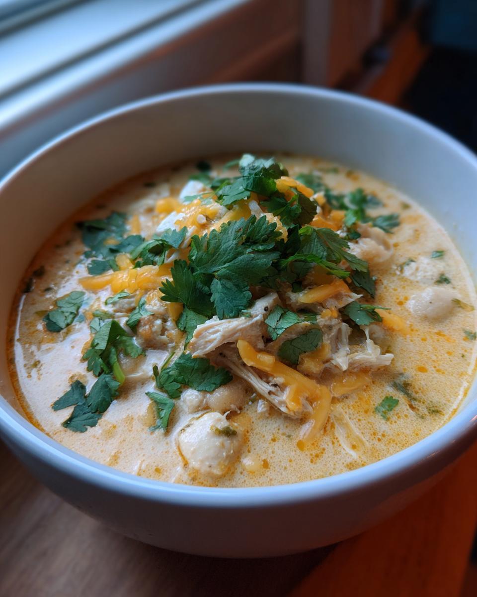 Close-up of a creamy white chicken chili recipe topped generously with shredded cheddar cheese and fresh cilantro.