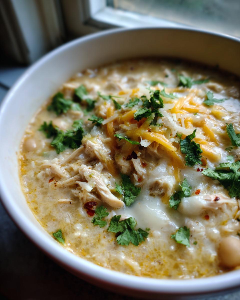 A close-up of a bowl of creamy white chicken chili recipe, topped with shredded cheese and fresh cilantro.