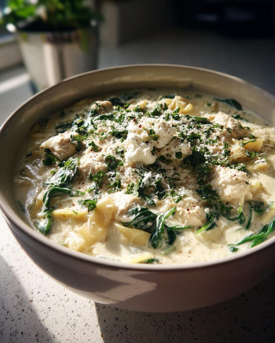 A close-up of a bowl of creamy white chicken lasagna soup, topped with ricotta and herbs.