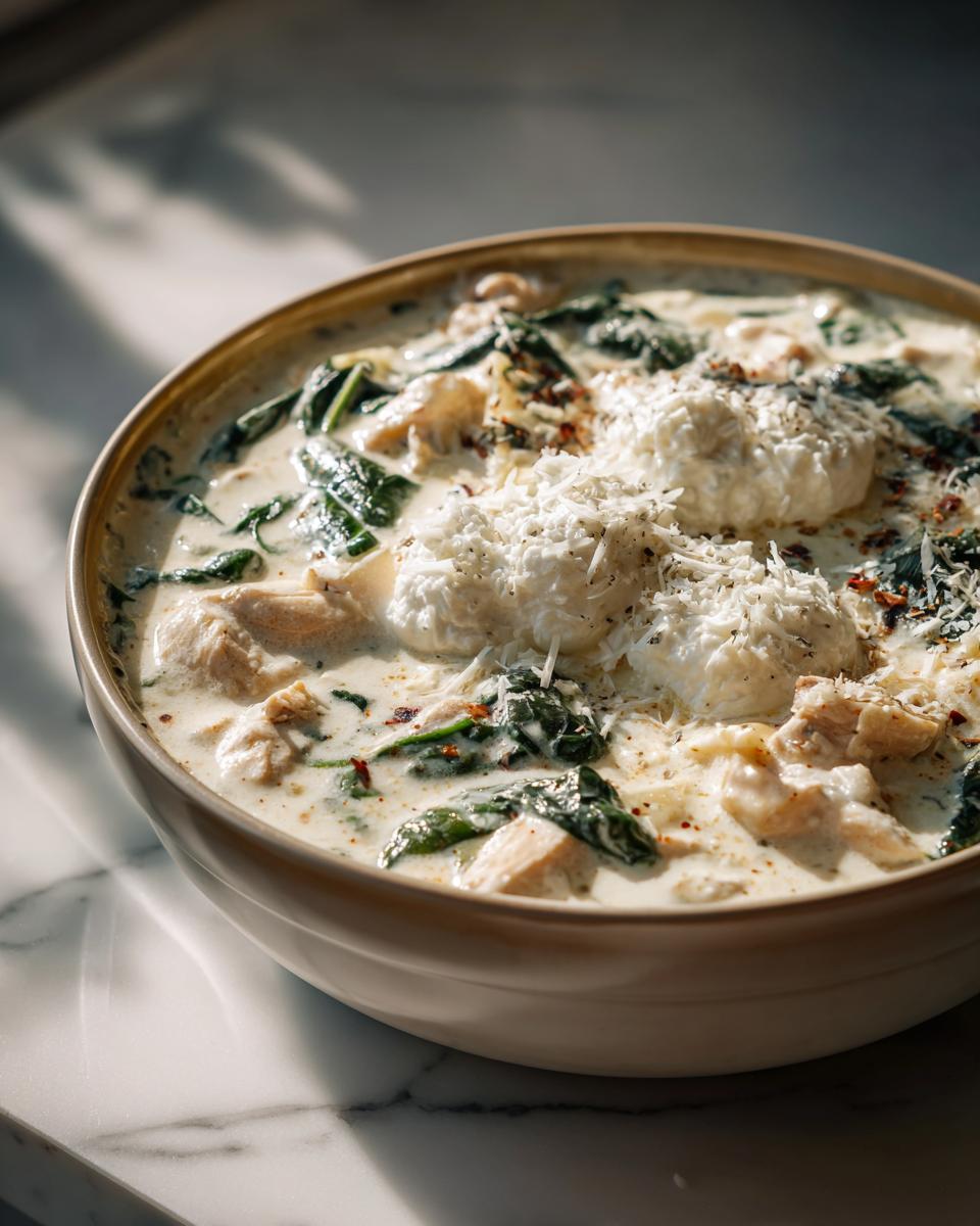 A close-up of creamy white chicken lasagna soup topped with dollops of ricotta and grated Parmesan cheese.
