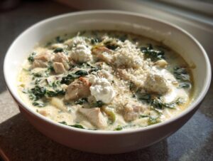 A close-up of a white bowl filled with creamy white chicken lasagna soup, featuring chunks of chicken, spinach, and ricotta cheese topping.