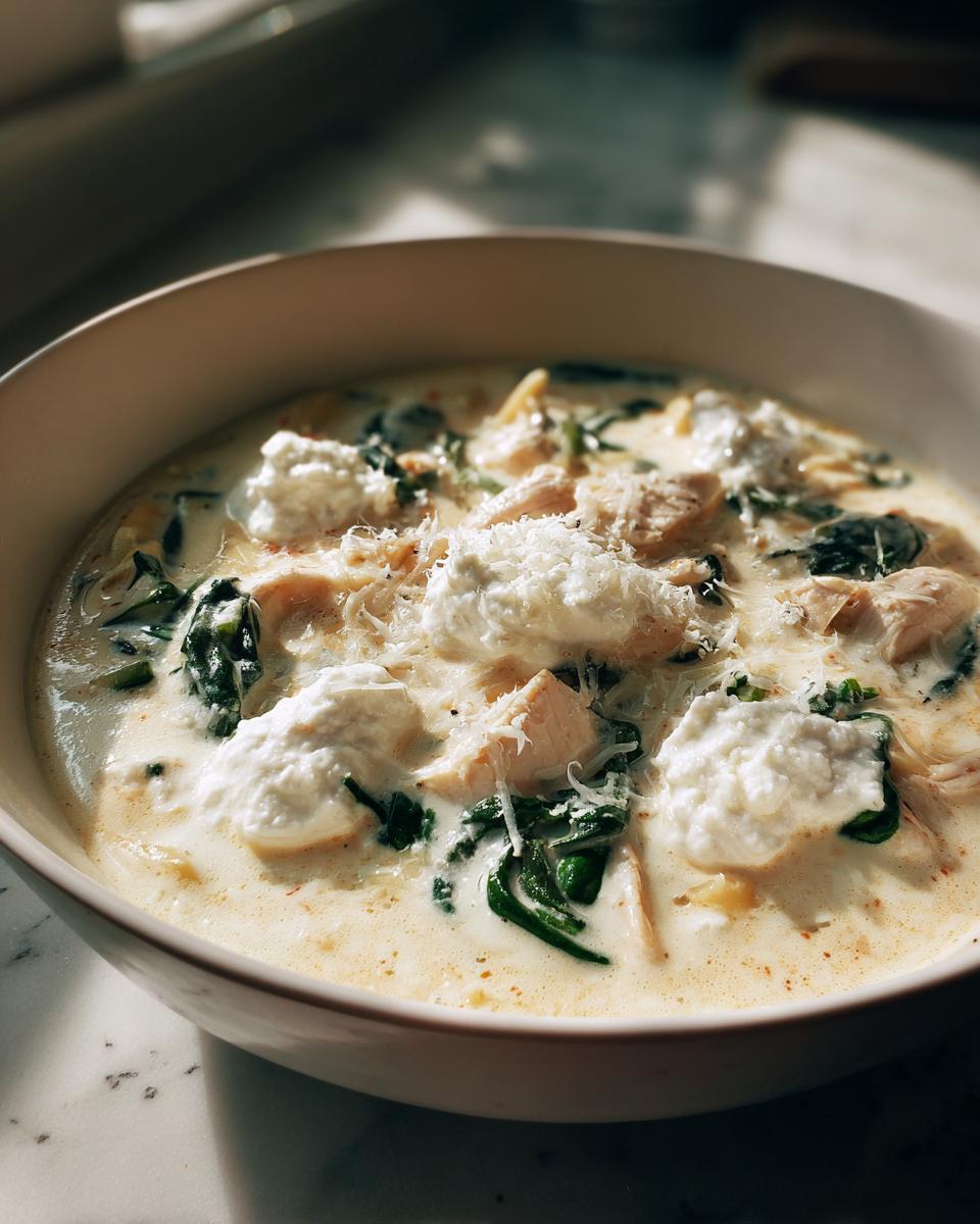 Close-up of a bowl of creamy white chicken lasagna soup topped with dollops of ricotta and grated Parmesan.