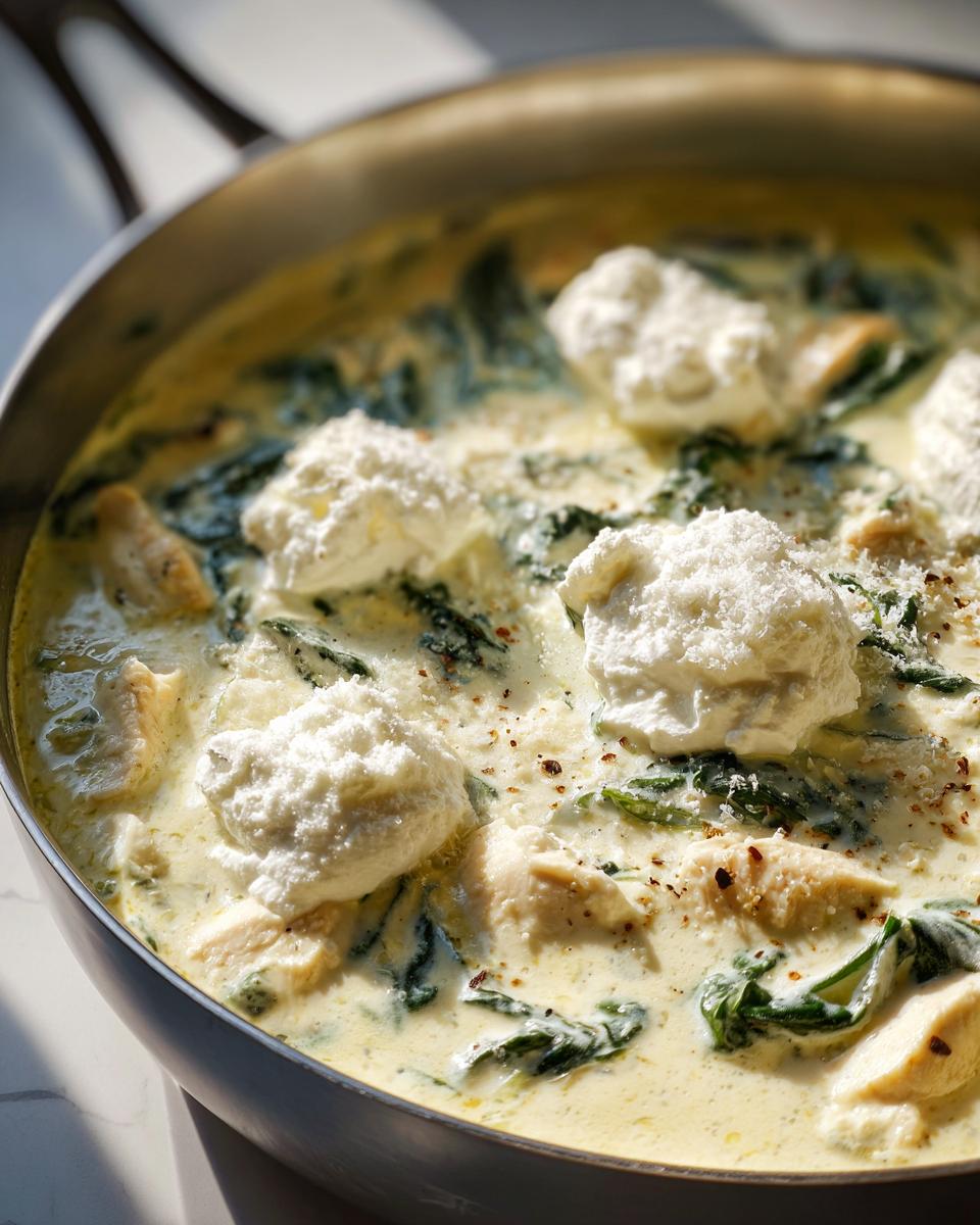 Close-up of creamy white chicken lasagna soup with spinach and dollops of ricotta cheese.