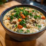 Close-up of a hearty bowl of creamy wild rice soup loaded with shredded chicken, diced carrots, and fresh parsley.