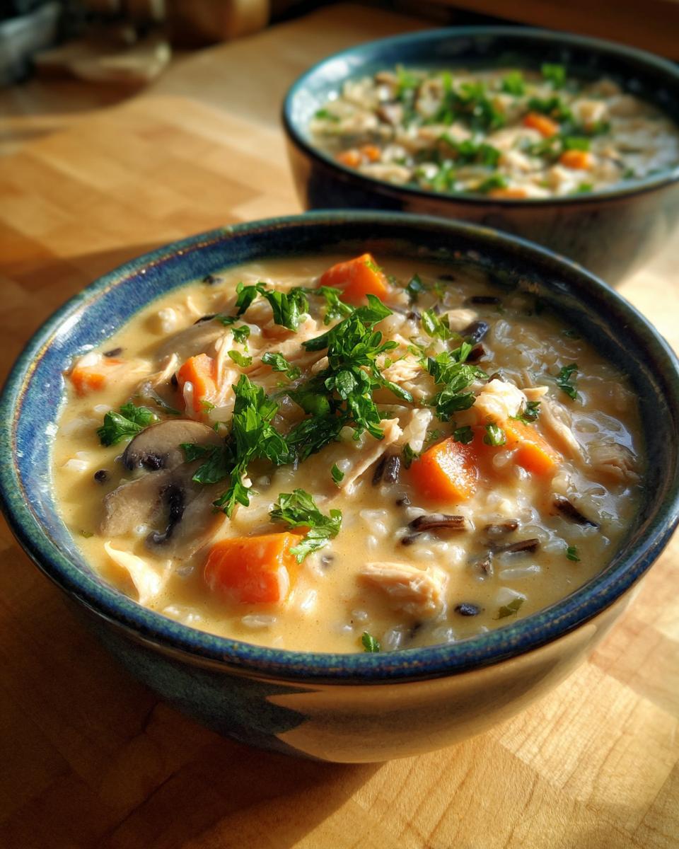 Close-up of a creamy wild rice soup bowl filled with chicken, carrots, mushrooms, and topped with fresh parsley.