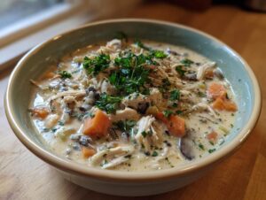 A close-up of a bowl of creamy wild rice soup filled with shredded chicken, chunks of carrot, mushrooms, and topped with fresh parsley.