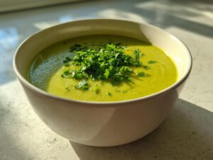 Close-up of a bowl of vibrant green, creamy zucchini soup topped generously with chopped fresh parsley.