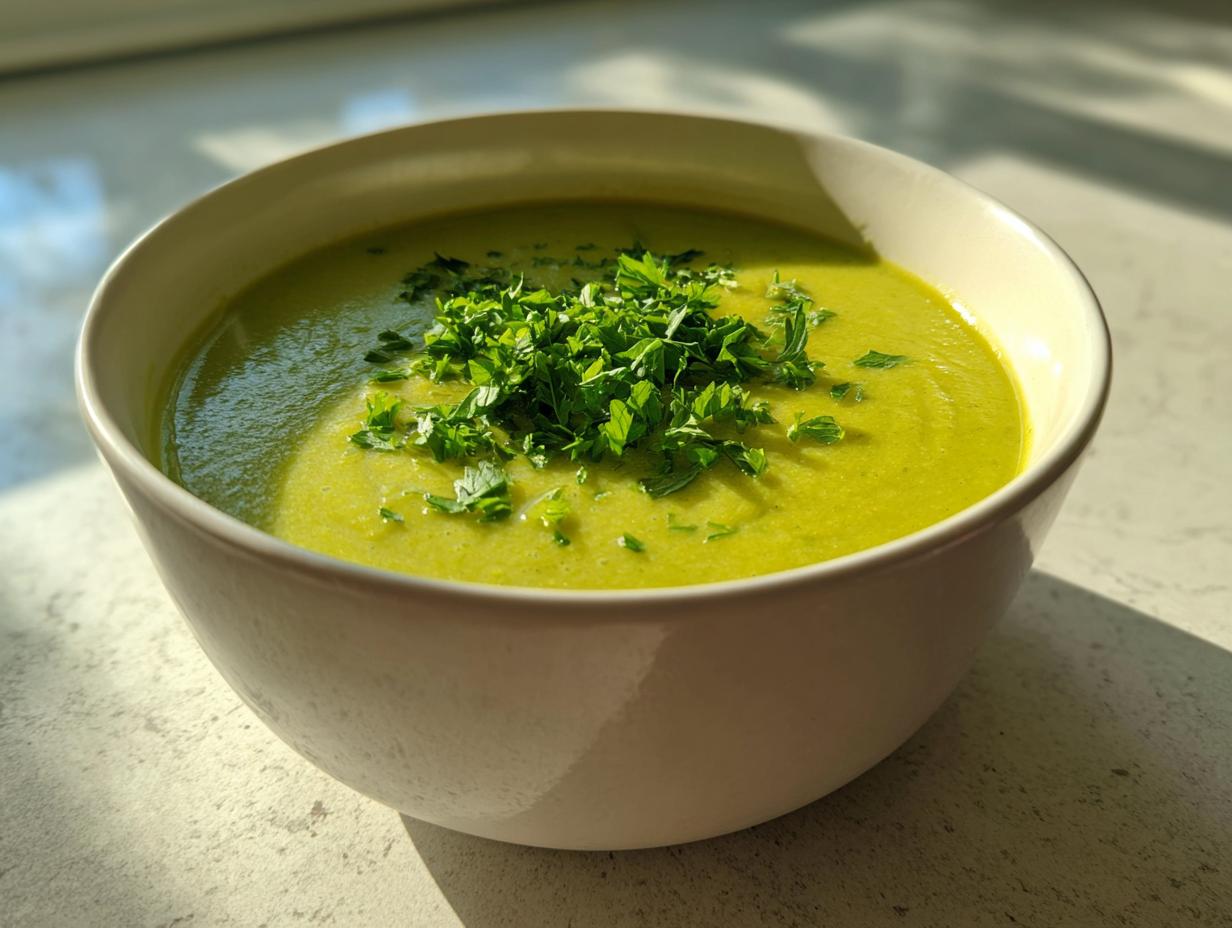 Close-up of a bowl of vibrant green, creamy zucchini soup topped generously with chopped fresh parsley.