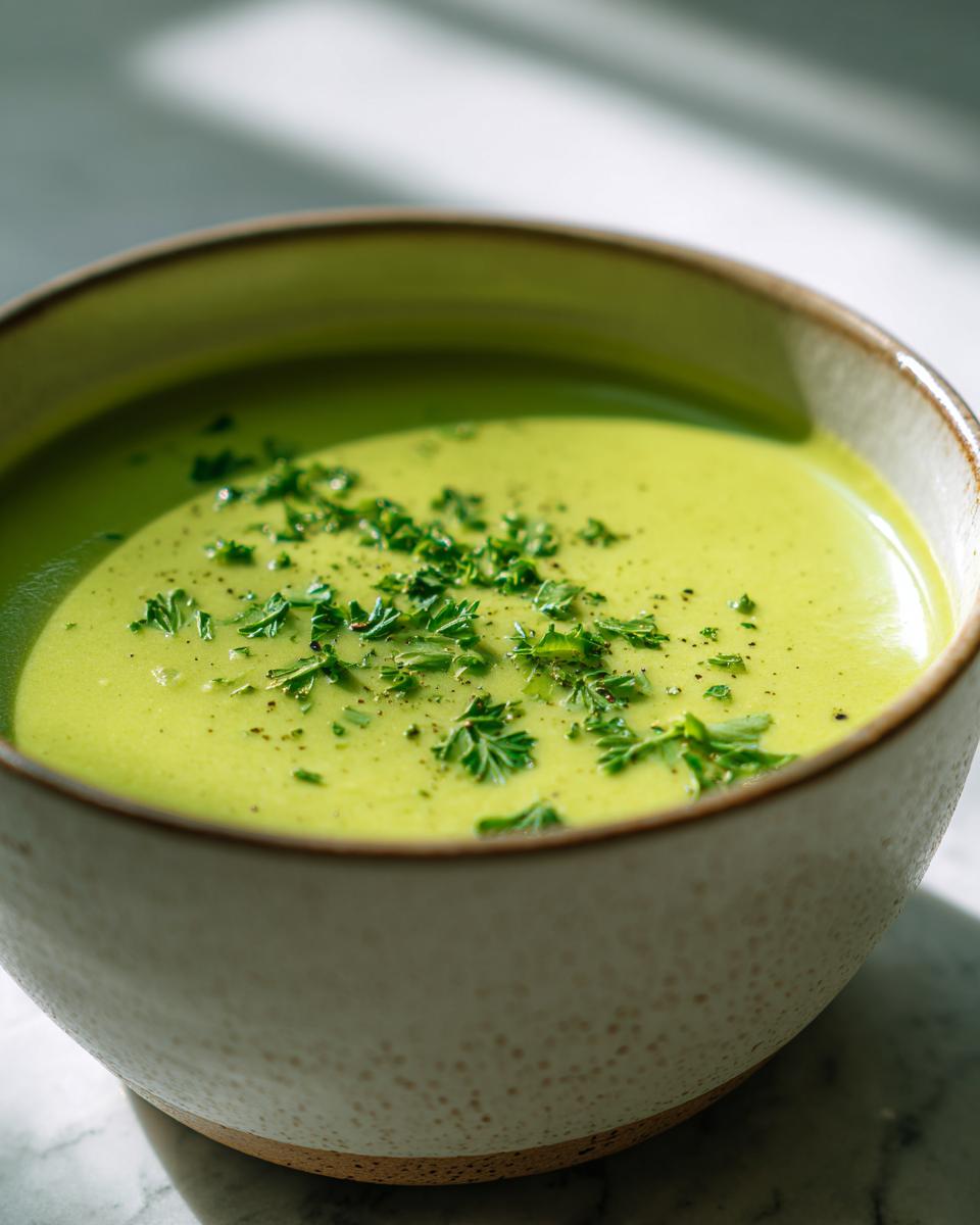 Close-up of a bowl of creamy zucchini soup, topped with fresh chopped parsley and black pepper.
