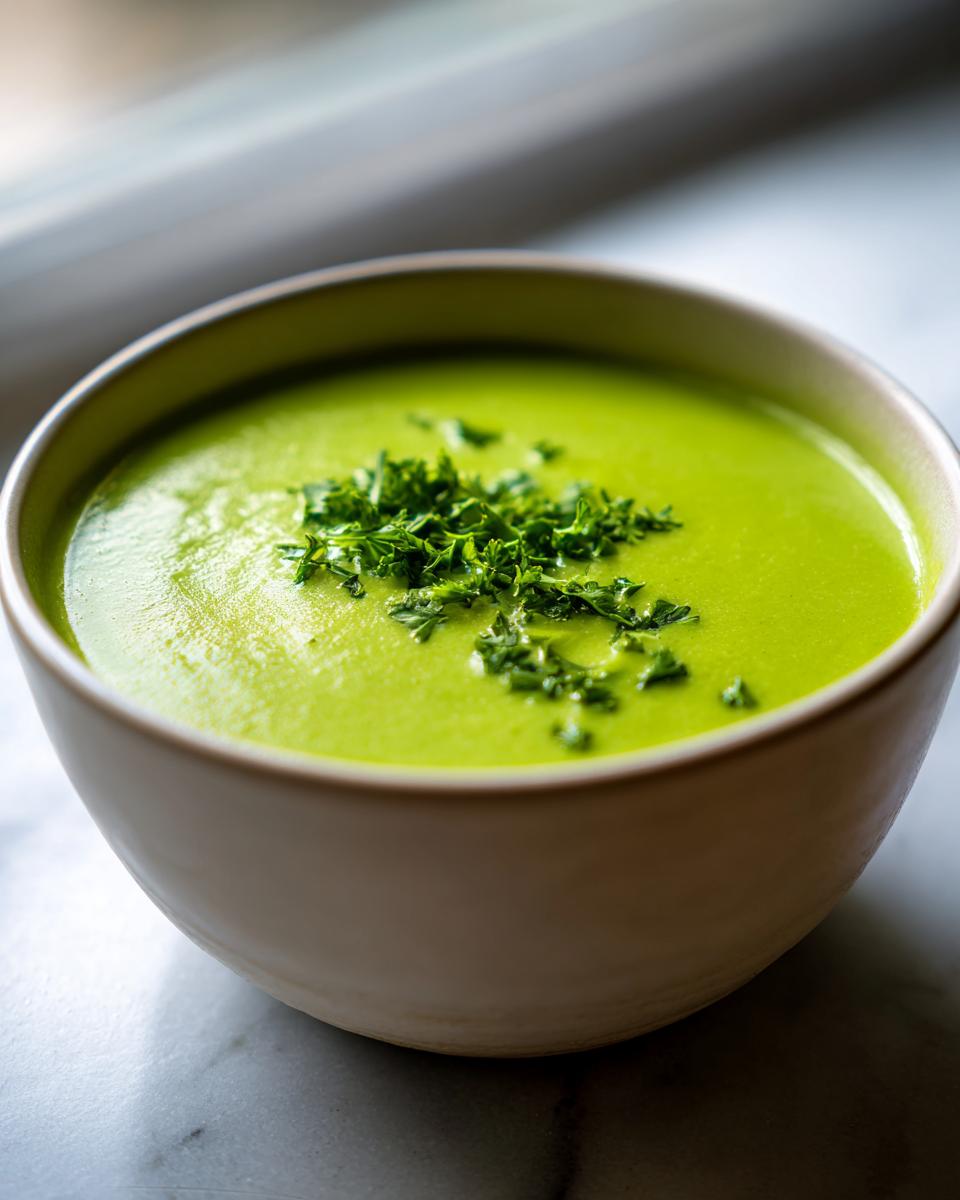 A close-up of vibrant green creamy zucchini soup topped with chopped fresh parsley in a light-colored bowl.