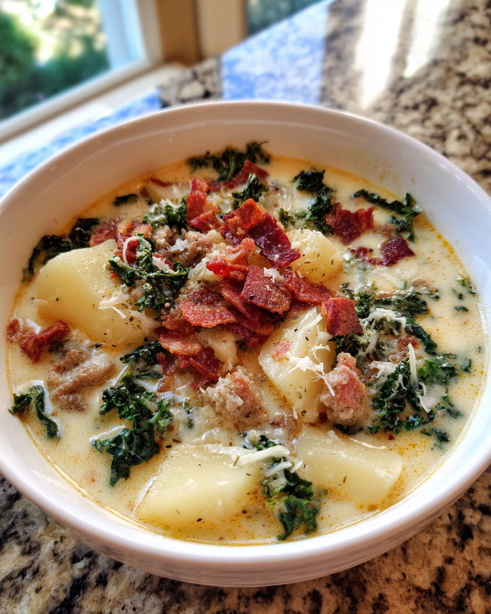 Close-up of a hearty bowl of Zuppa Toscana soup topped with crispy bacon, sausage, kale, and Parmesan cheese.