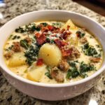 A close-up of a creamy bowl of Zuppa Toscana soup featuring sausage, potatoes, kale, and topped with bacon bits and Parmesan.