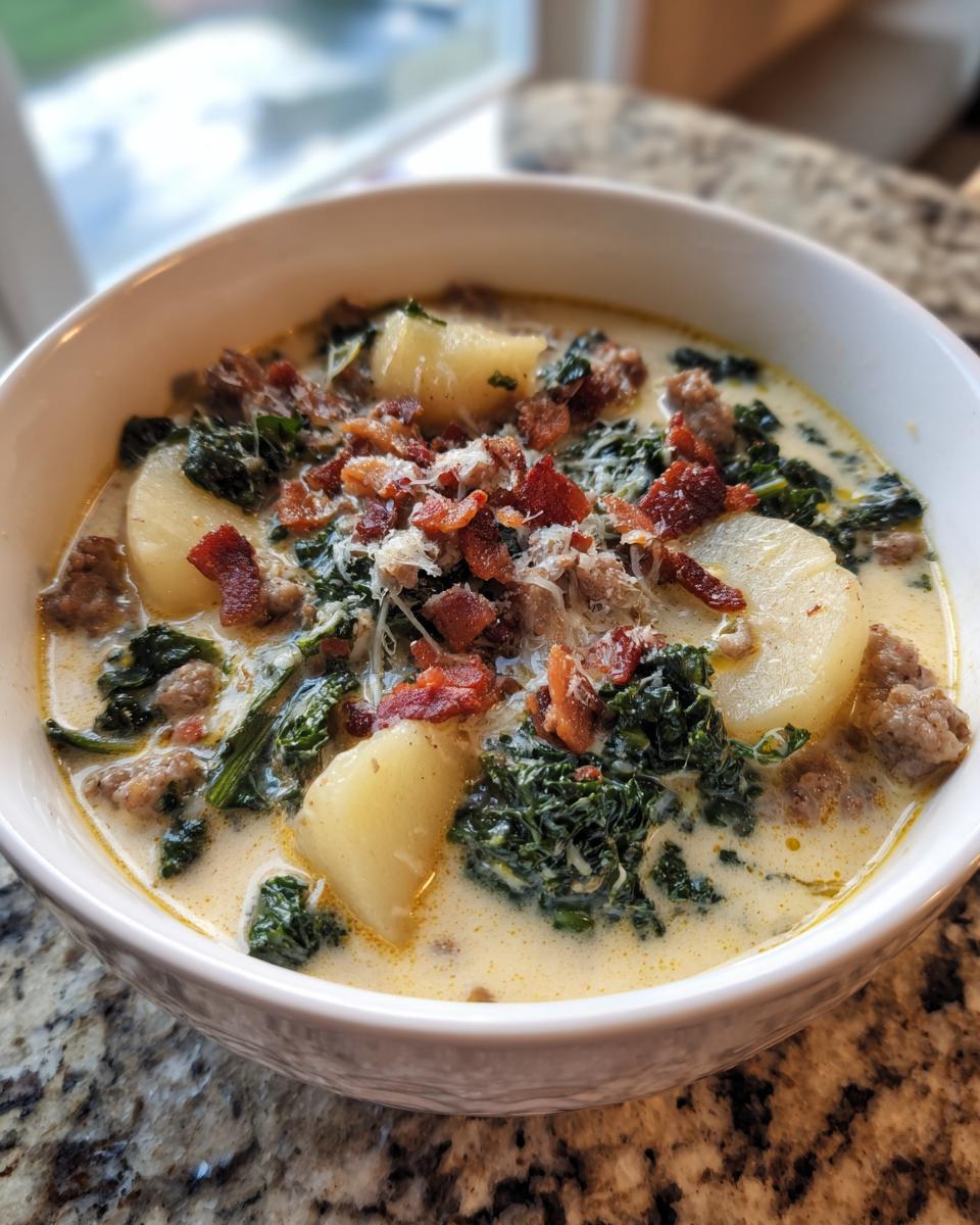 A close-up of a hearty bowl of zuppa toscana soup featuring potatoes, kale, sausage, and bacon crumbles.