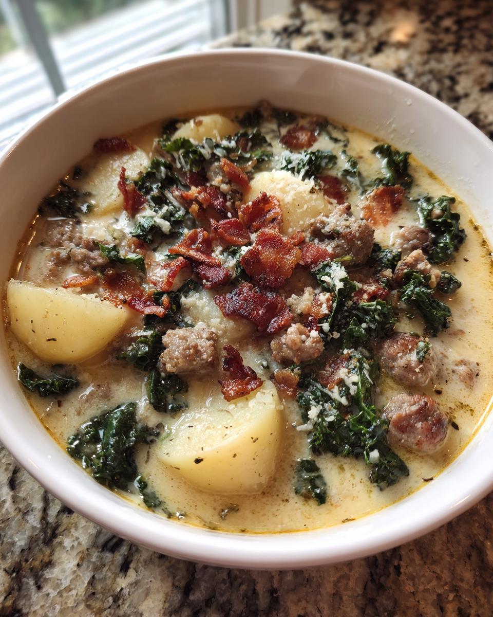 Close-up of a hearty bowl of zuppa toscana soup featuring potatoes, sausage, kale, and bacon topping.